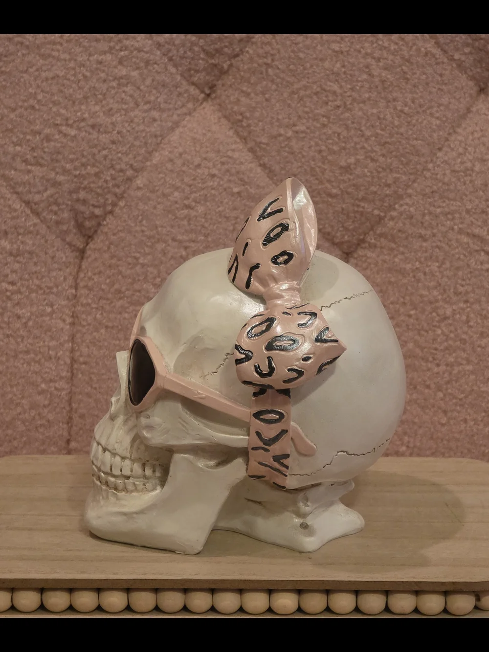 Pink Leopard Bow Skull Figurine with Sunglasses